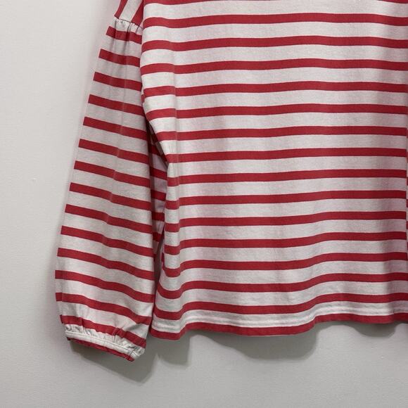 J Crew Heavy Knit Top L Pink Stripe Balloon Sleeve Popover Boat Neck Nautical - Picture 7 of 8